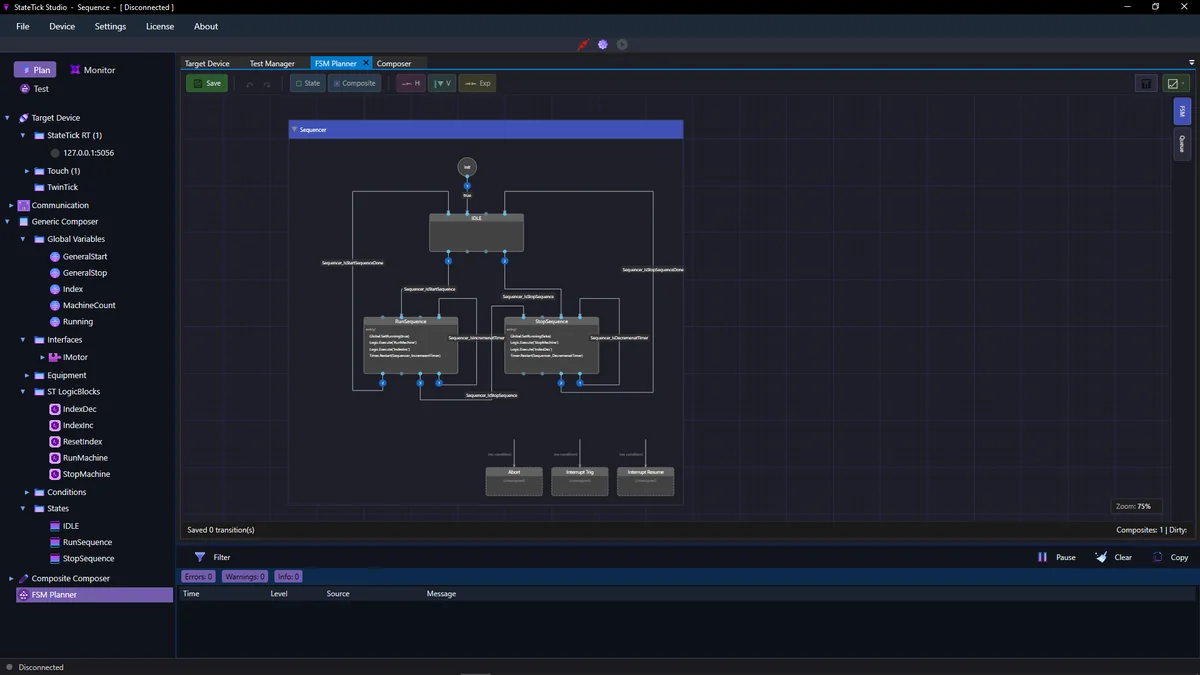 StateTick Studio showing the FSM Planner with a sequencer state machine