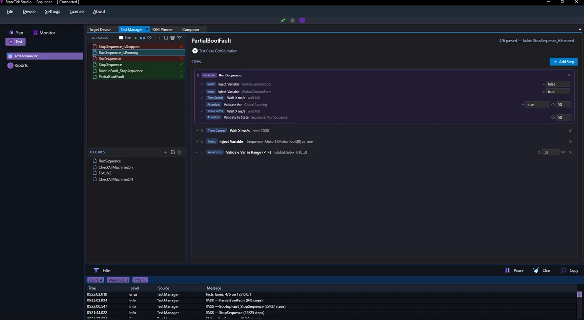 Test Manager showing test cases, fixtures, and assertion steps