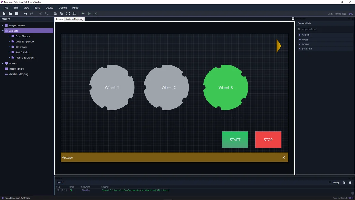 StateTick Touch Studio HMI designer with widgets and a machine screen