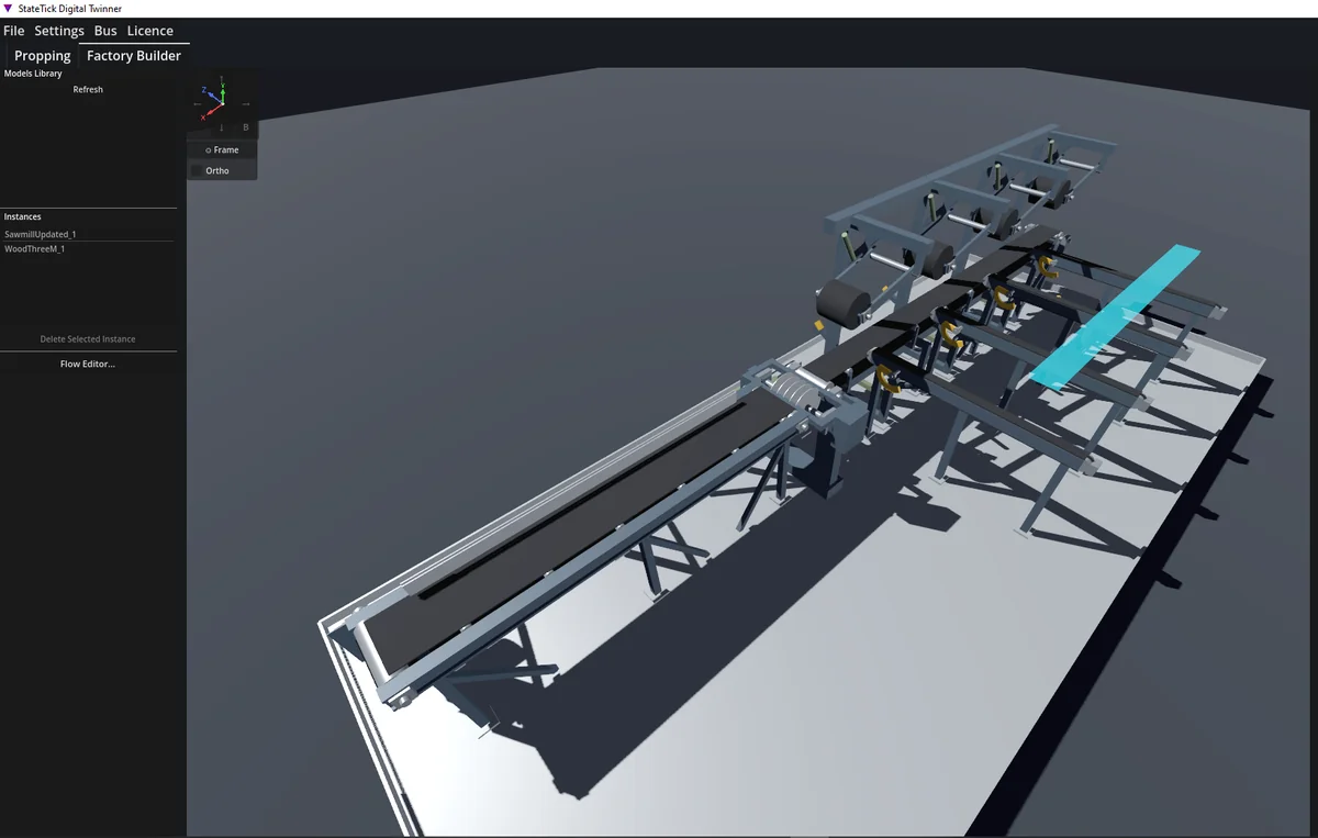 TwinTick Studio showing a 3D digital twin of a sawmill production line