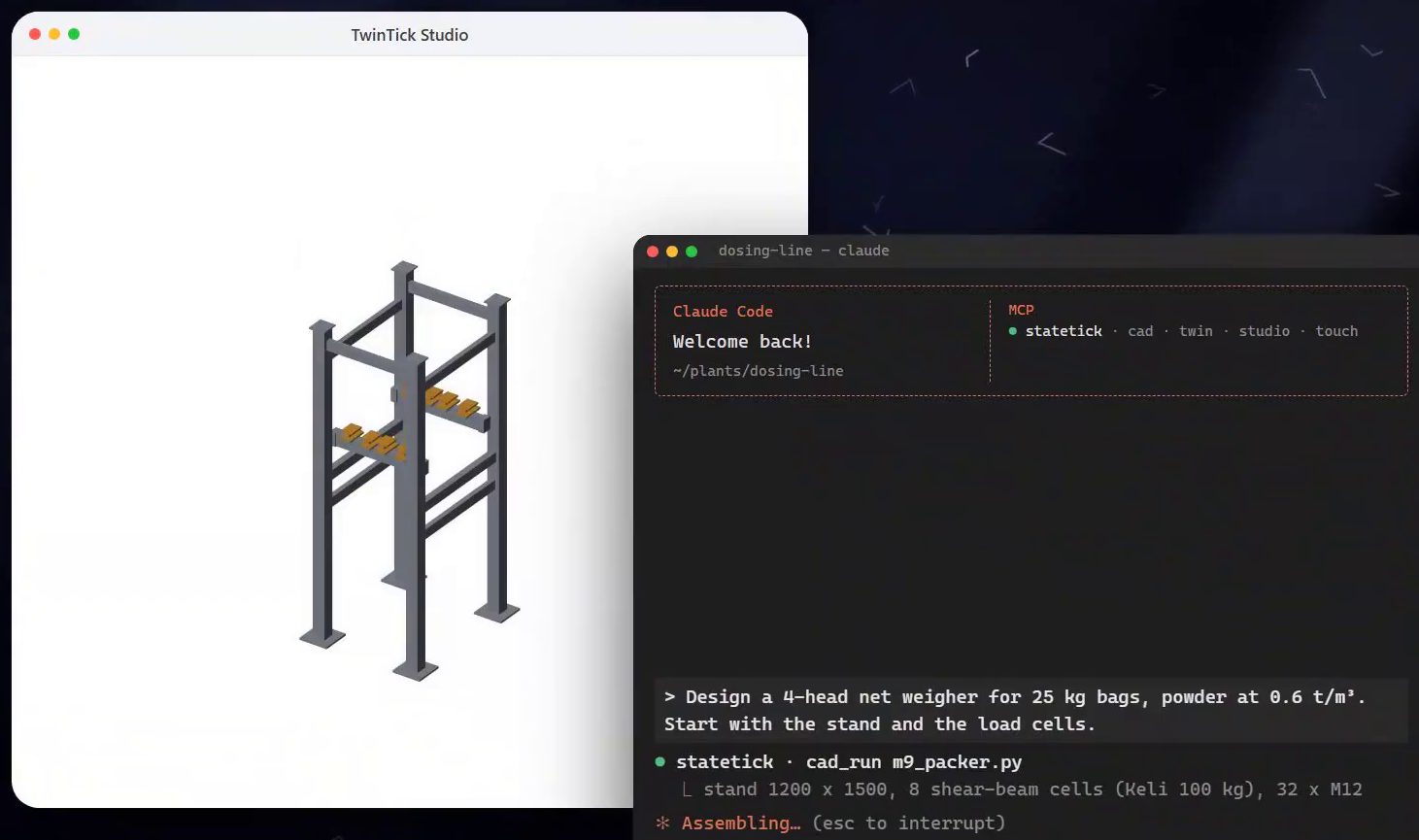 Claude Code typing the weigher spec while TwinTick assembles the stand