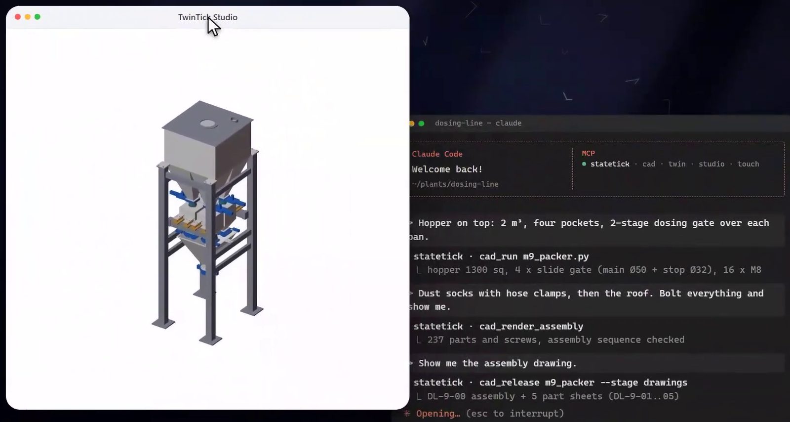 The finished 4-head weigher in TwinTick next to the Claude Code session