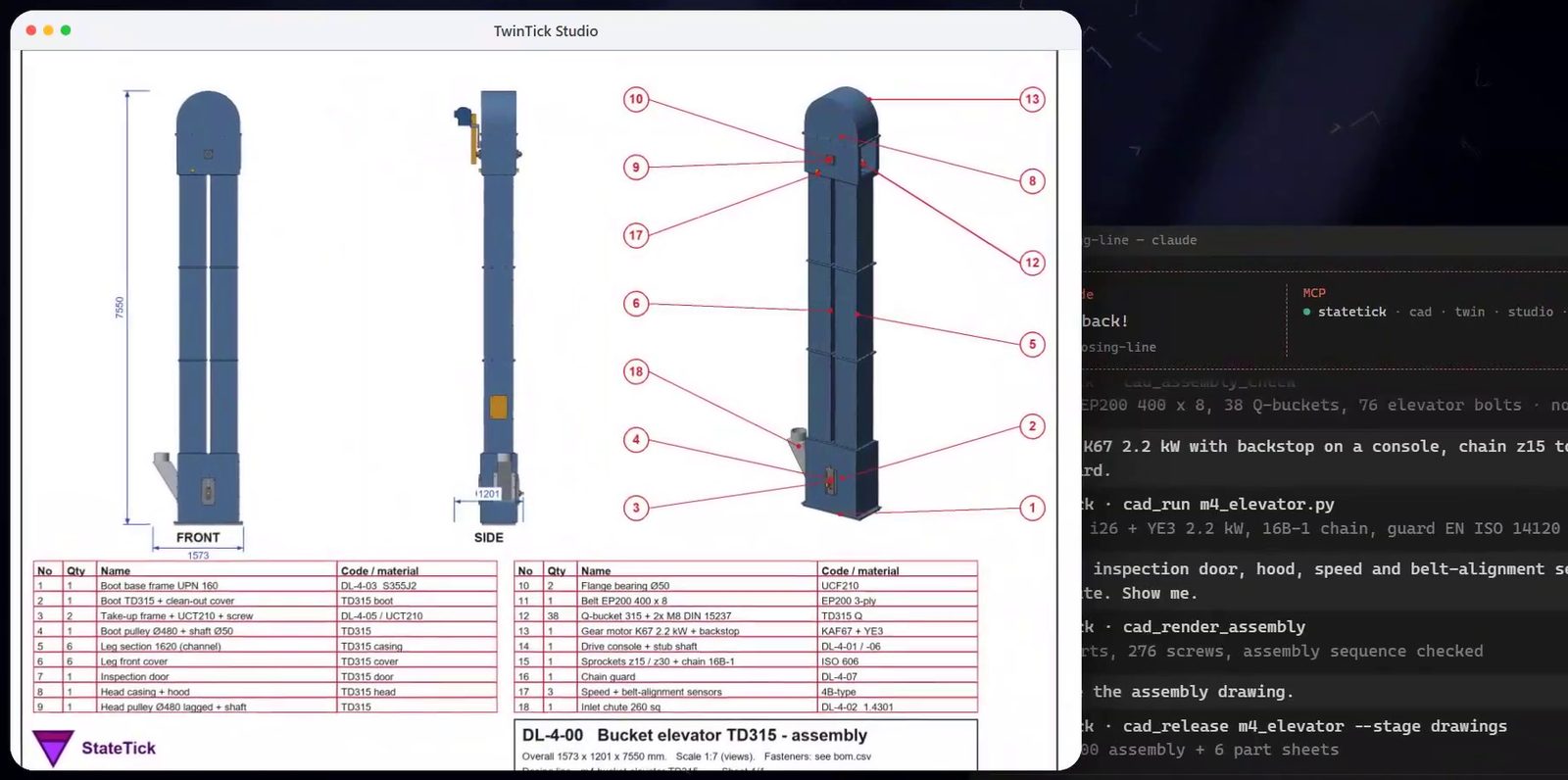 Assembly drawing of the bucket elevator with front and side views and a parts list