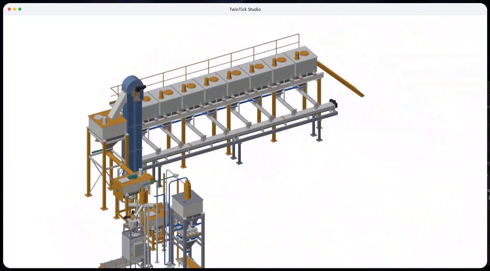 The complete dosing and packing line: silos on a platform, bucket elevator, mixers and packing