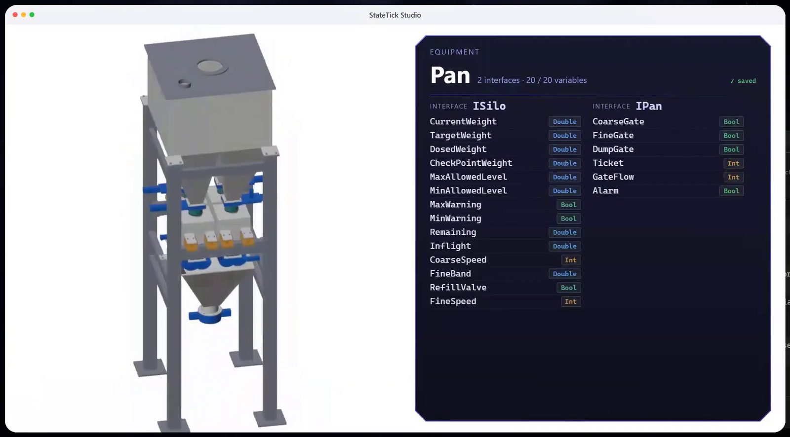 The weighing pan in TwinTick next to its equipment definition with 20 variables