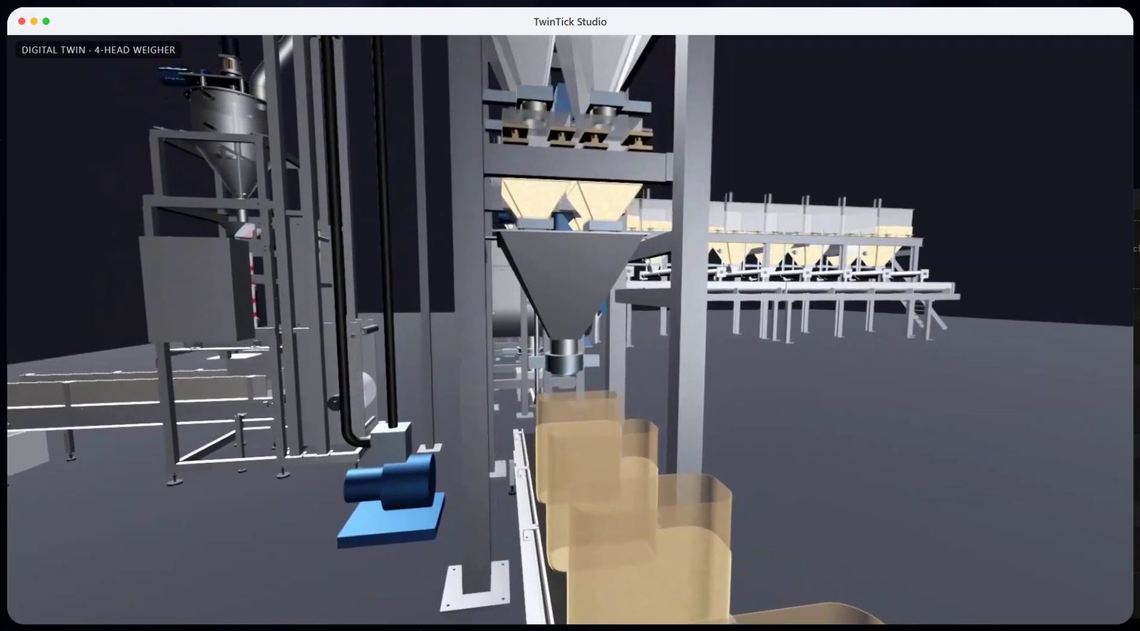The digital twin of the 4-head weigher filling 25 kg bags