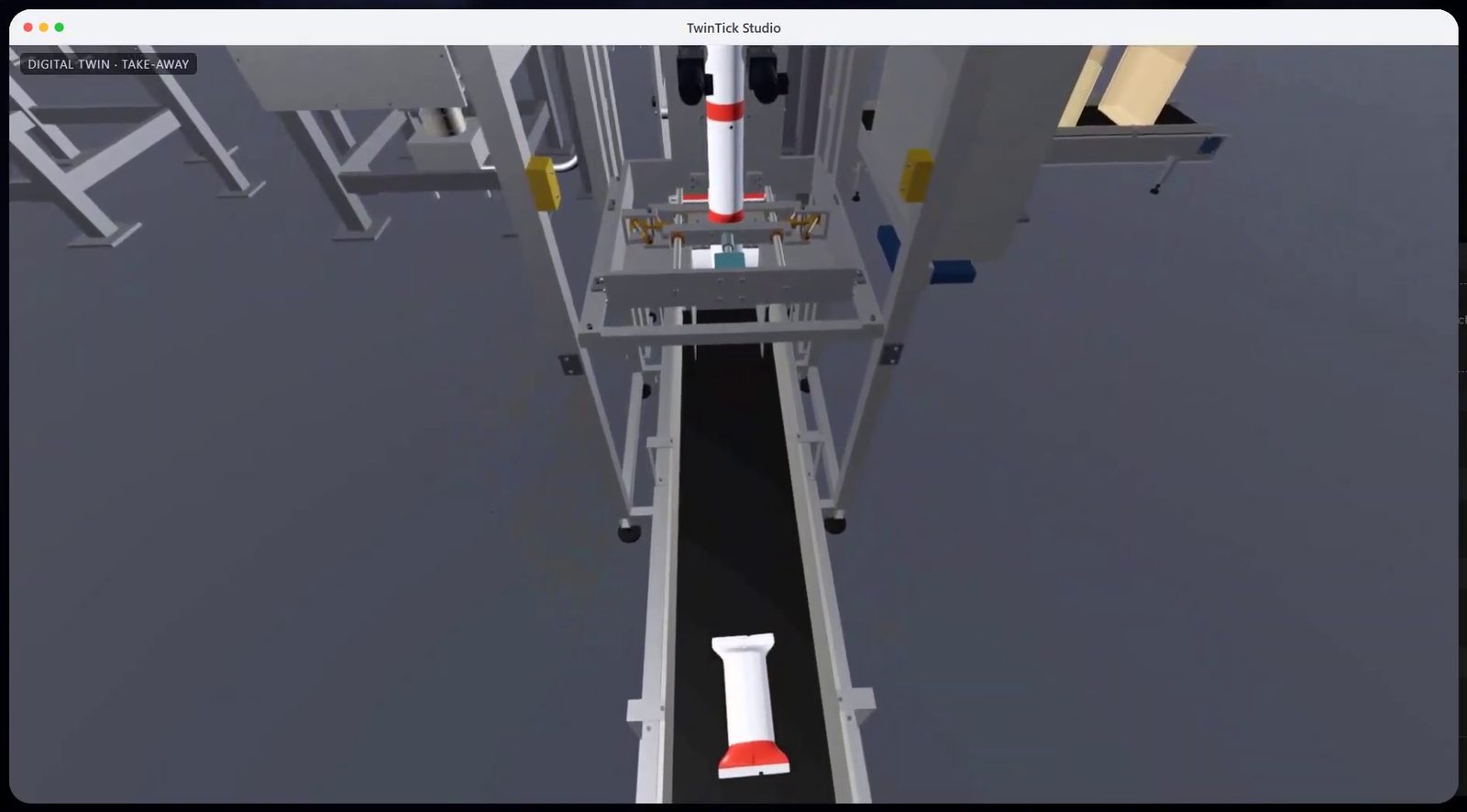 The form-fill-seal bagger in the twin dropping a 1 kg pack onto the take-away belt