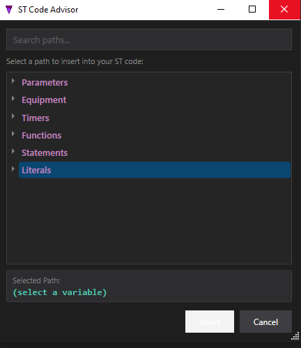 The ST Code Advisor dialog showing categories: Parameters, Equipment, Timers, Functions, Statements, Literals