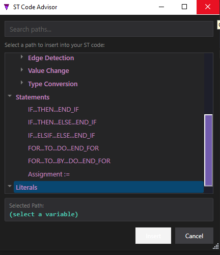 The ST Code Advisor with the Statements category expanded, listing IF, FOR and assignment snippets