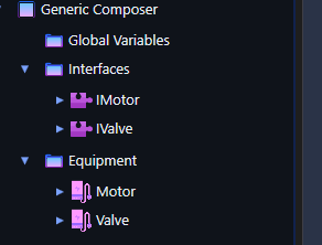 The Generic Composer tree showing Interfaces (IMotor, IValve) and Equipment (Motor, Valve) as sibling groups