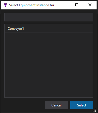 The Select Equipment Instance dialog listing Conveyor1, with Cancel and Select buttons