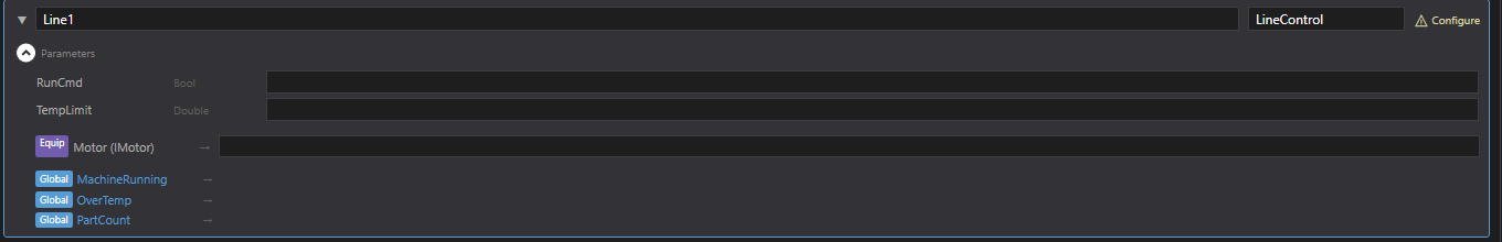 A composite Logic Blocks instance named Line1 using the LineControl template, expanded to show an equipment ref Motor (IMotor) and four global refs, each with a bind arrow and a Configure status