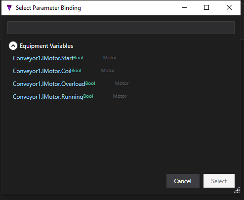 The parameter binding advisor listing the variables a Bool parameter can bind to: global variables and equipment interface signals
