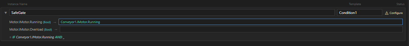 SafeGate with Motor.IMotor.Running mapped to Conveyor1.IMotor.Running, preview updating