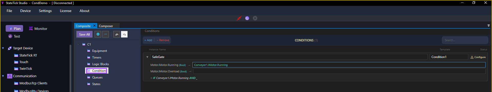 The full StateTick Studio window on the Composite Composer, the composite's Conditions page highlighted, showing a condition instance SafeGate with its term mappings