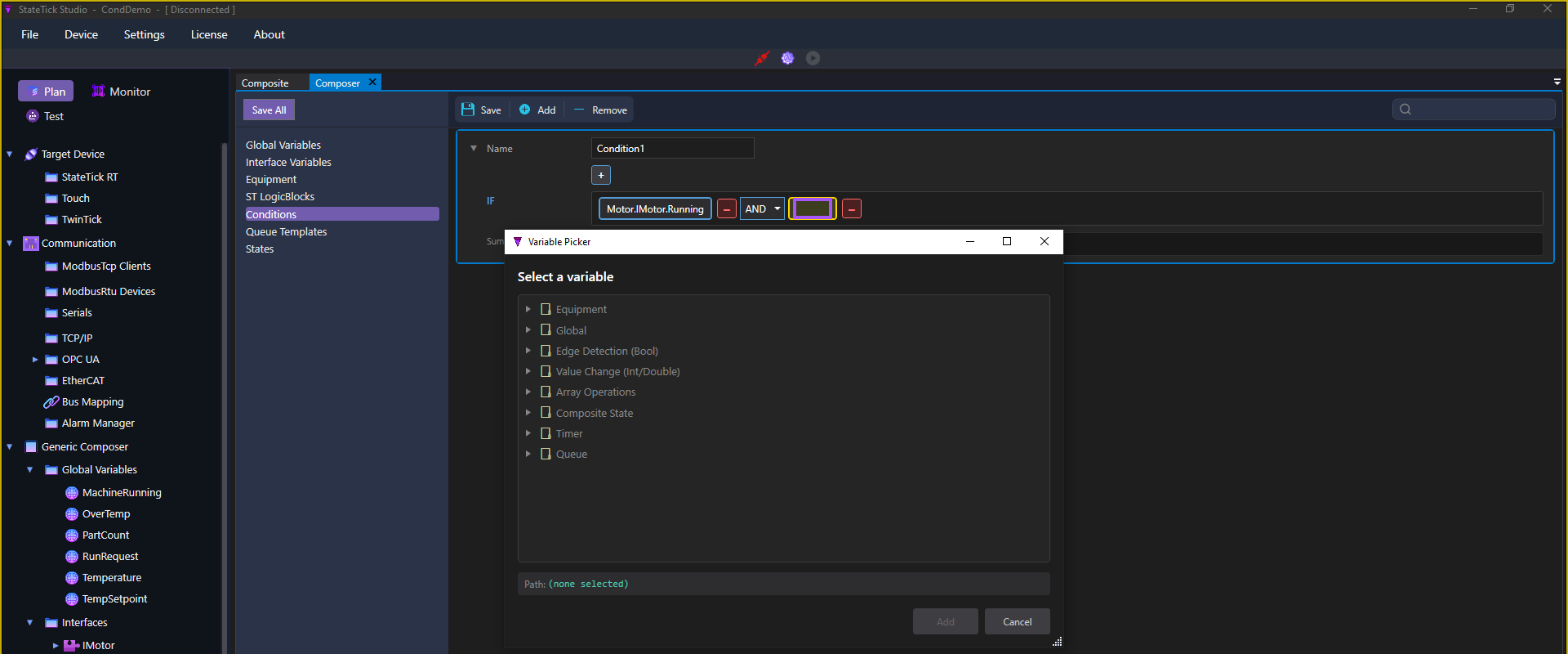 The full StateTick Studio window: the Conditions page with a term box highlighted, and the Variable Picker dialog open over it showing all categories