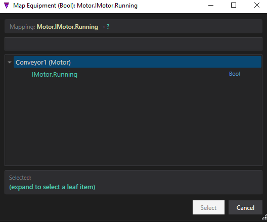 The Map Equipment dialog: mapping Motor.IMotor.Running to Conveyor1 (Motor), expanded to show IMotor.Running (Bool)