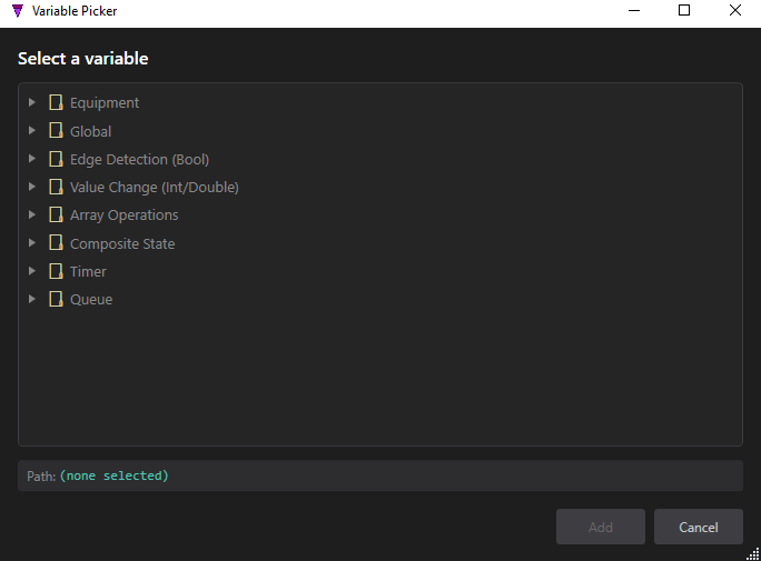 The Variable Picker dialog listing categories: Equipment, Global, Edge Detection (Bool), Value Change (Int/Double), Array Operations, Composite State, Timer, Queue