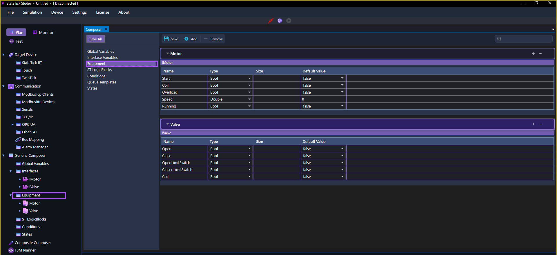 The full StateTick Studio window with the Generic Composer expanded in the left sidebar and the Equipment page open, both highlighted, showing the Motor and Valve equipment