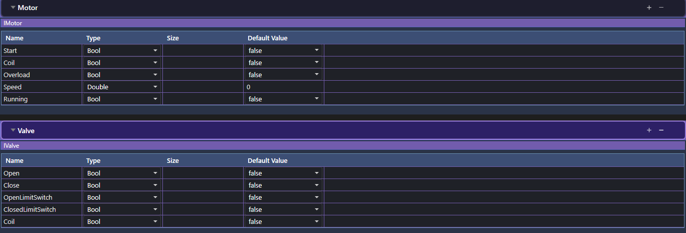 The Equipment page showing Motor composed of the IMotor interface (Start, Coil, Overload, Speed, Running) and Valve composed of the IValve interface (Open, Close, OpenLimitSwitch, ClosedLimitSwitch, Coil)