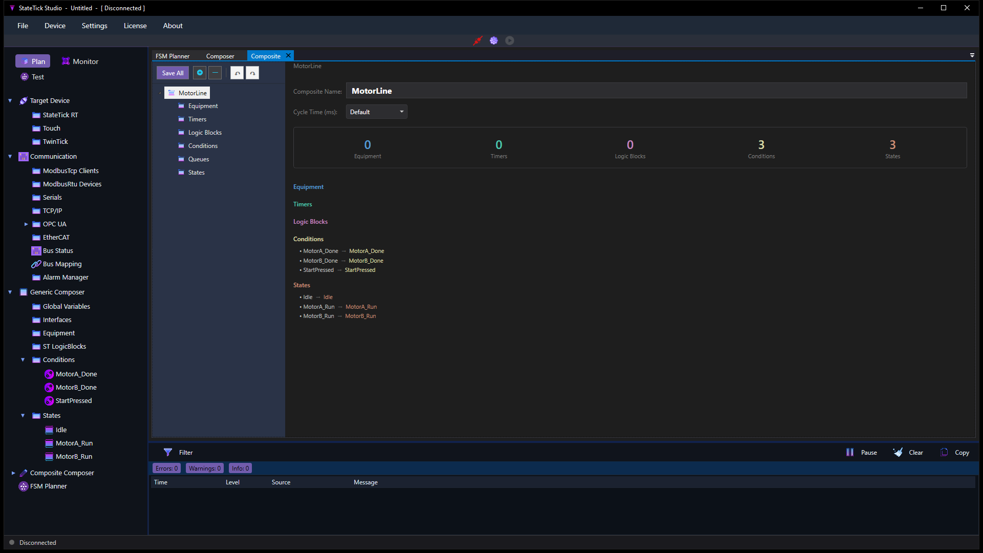 The Composite Composer showing the MotorLine composite with counts of 3 Conditions and 3 States, and each instance listed mapped to the template of the same name