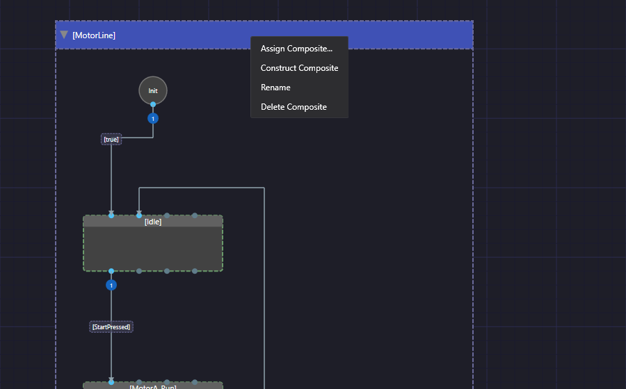 The right-click menu on the MotorLine composite header showing four items: Assign Composite, Construct Composite, Rename and Delete Composite
