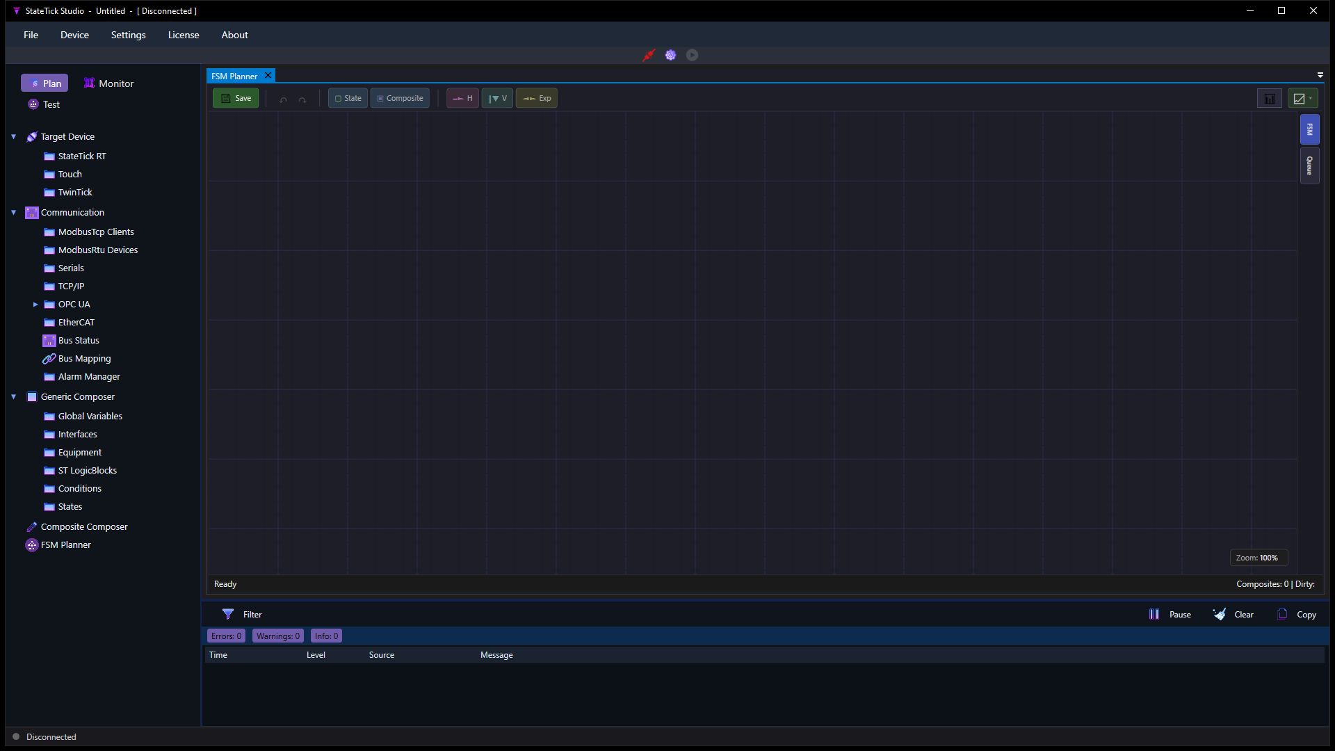 The StateTick Studio window with the FSM Planner open: an empty grid canvas, a toolbar with Save, undo, redo, State, Composite, H, V and Exp buttons, and the project tree on the left