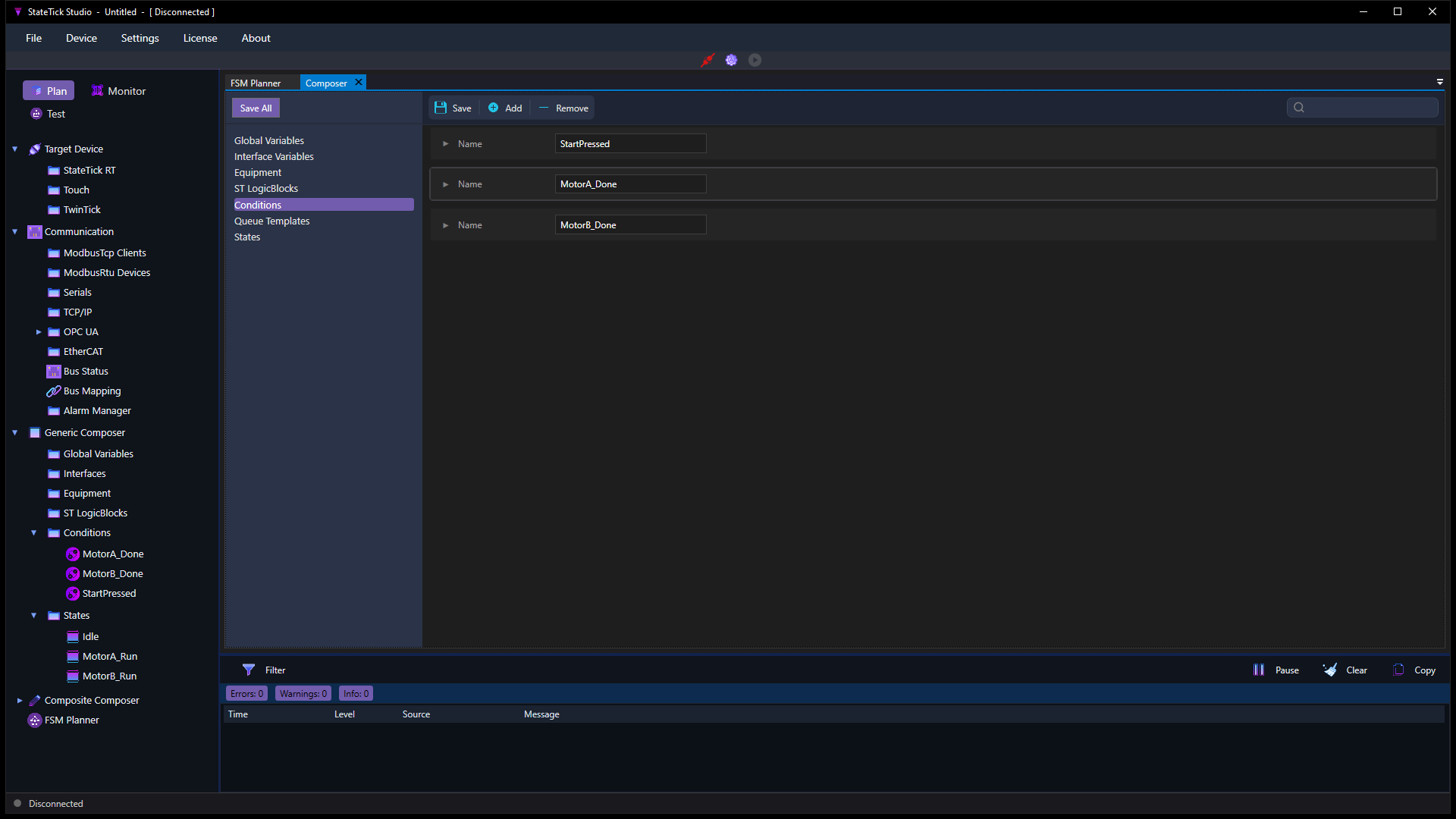 The Generic Composer Conditions page listing three new conditions MotorA_Done, MotorB_Done and StartPressed, each collapsed to just its name