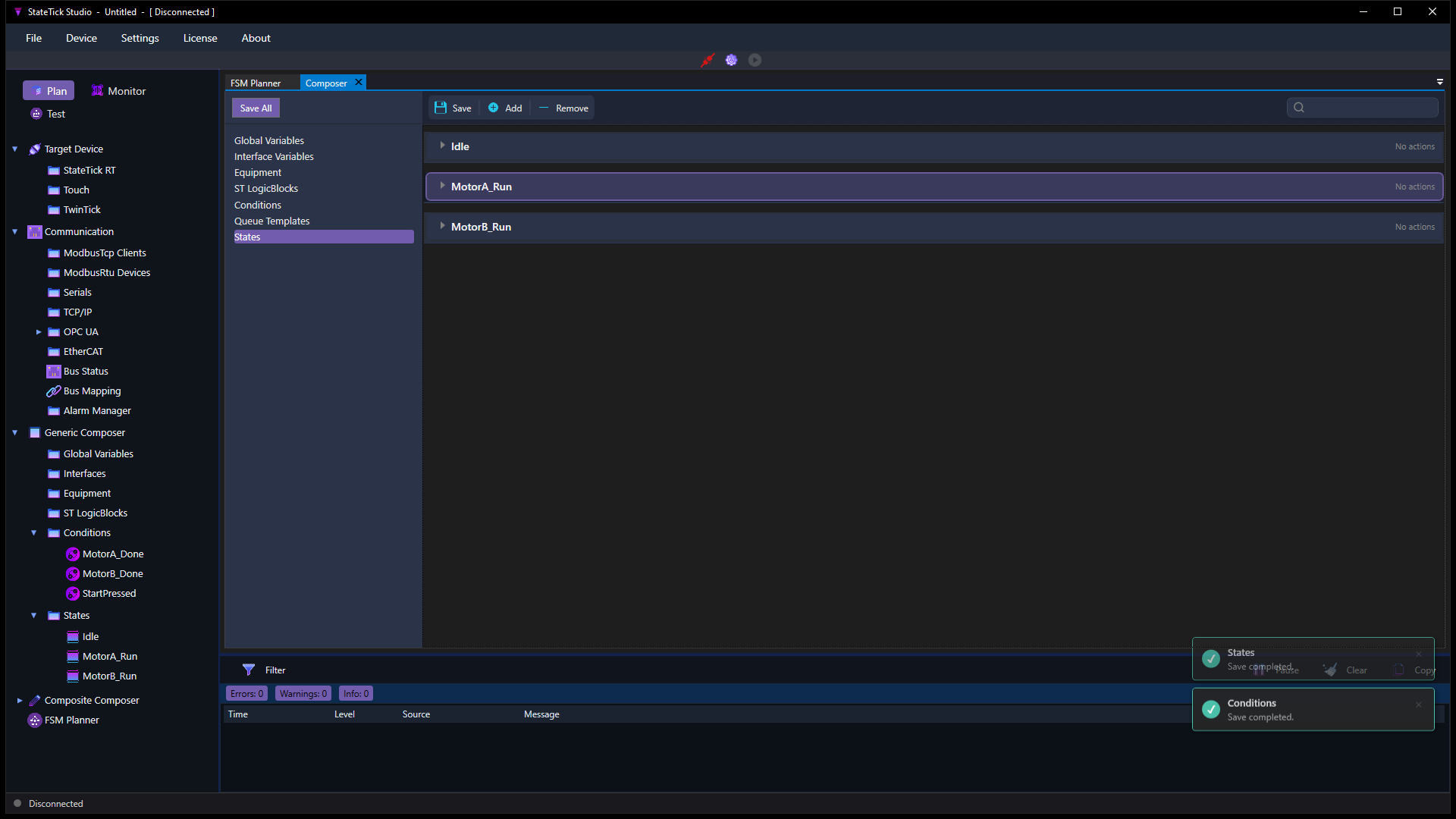 The Generic Composer States page listing three new states Idle, MotorA_Run and MotorB_Run, each showing No actions, with the project tree on the left listing the same three states and three conditions