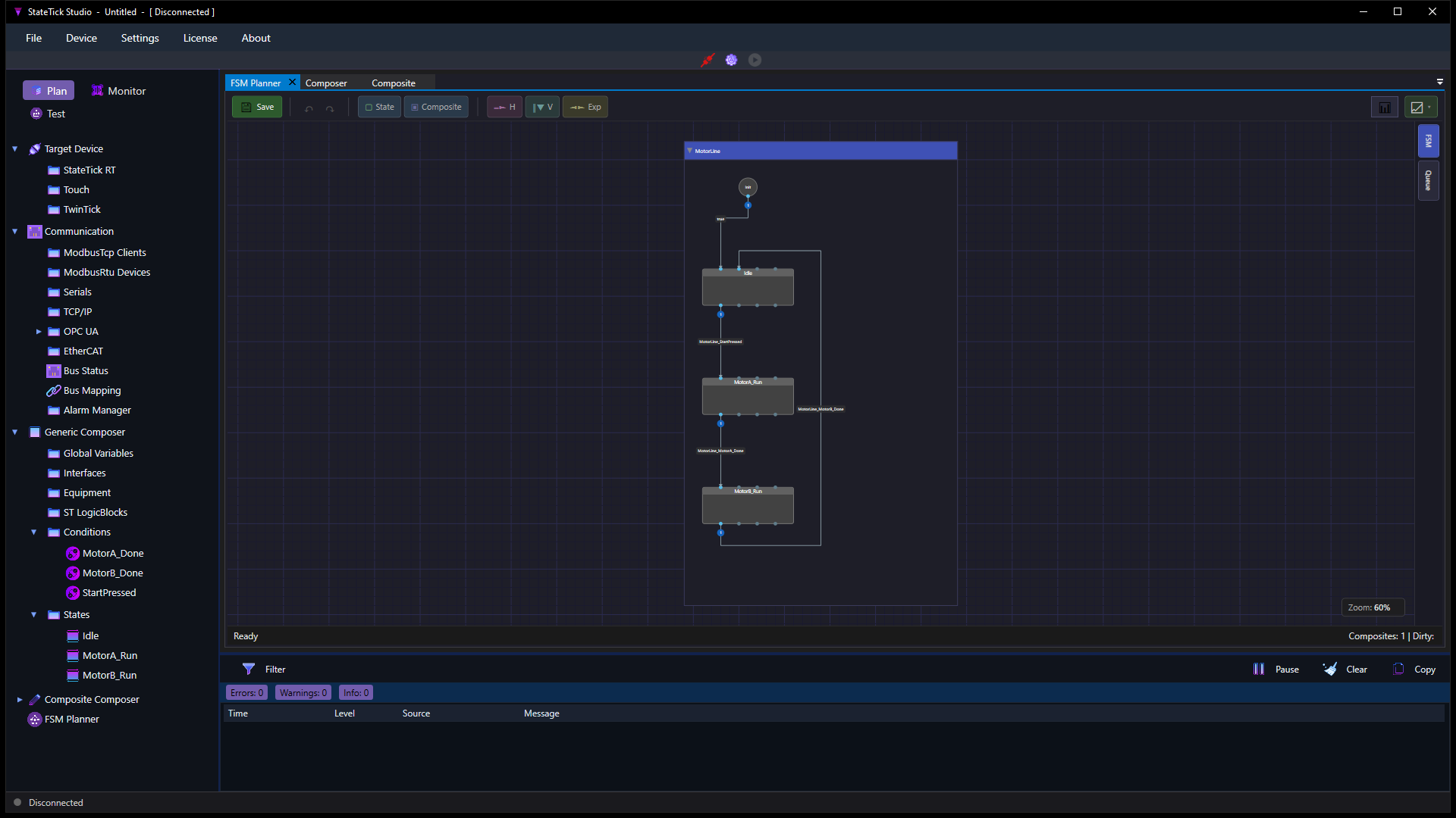 The finished MotorLine machine in the FSM Planner after saving, showing the whole state machine with solid borders and real condition names on every wire
