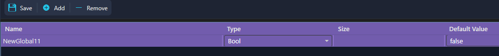 A newly added global variable row named NewGlobal11 with type Bool and default value false, plus the Save, Add and Remove buttons above the grid
