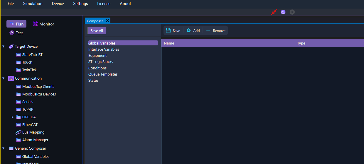 The StateTick Composer with Generic Composer expanded in the sidebar and the Global Variables page selected, showing the Name, Type, Size and Default Value columns