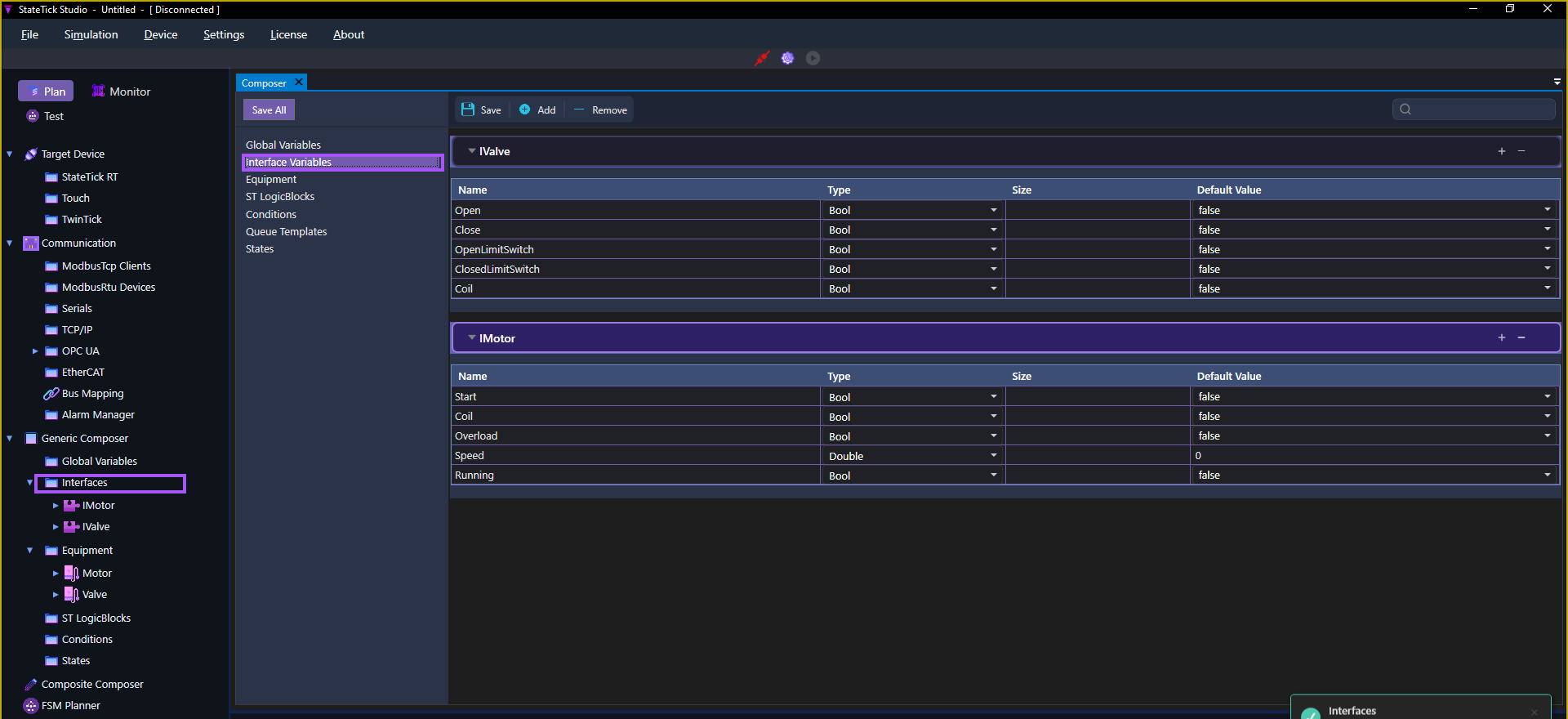 The full StateTick Studio window with the Generic Composer expanded in the left sidebar and the Interface Variables page open, both highlighted, showing the IValve and IMotor interfaces