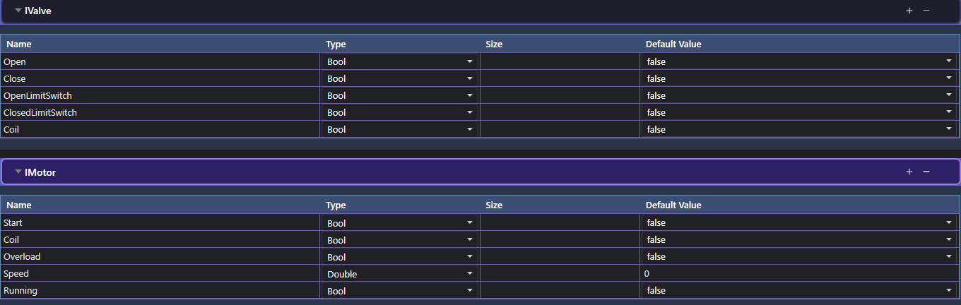 The Interface Variables page showing two interfaces: IValve with Open, Close, OpenLimitSwitch, ClosedLimitSwitch and Coil (all Bool), and IMotor with Start, Coil, Overload (Bool), Speed (Double) and Running (Bool)