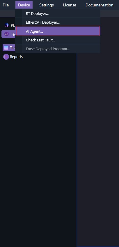 The StateTick Studio Device menu opened, listing RT Deployer, EtherCAT Deployer, AI Agent, Check Last Fault and Erase Deployed Program, with AI Agent highlighted