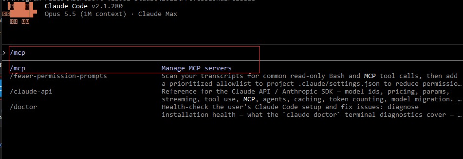 Claude Code running in the command prompt with /mcp typed at the input line and the suggestion /mcp Manage MCP servers highlighted