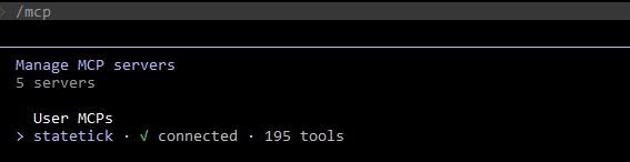 The Manage MCP servers list in Claude Code showing statetick under User MCPs, marked connected, with 195 tools