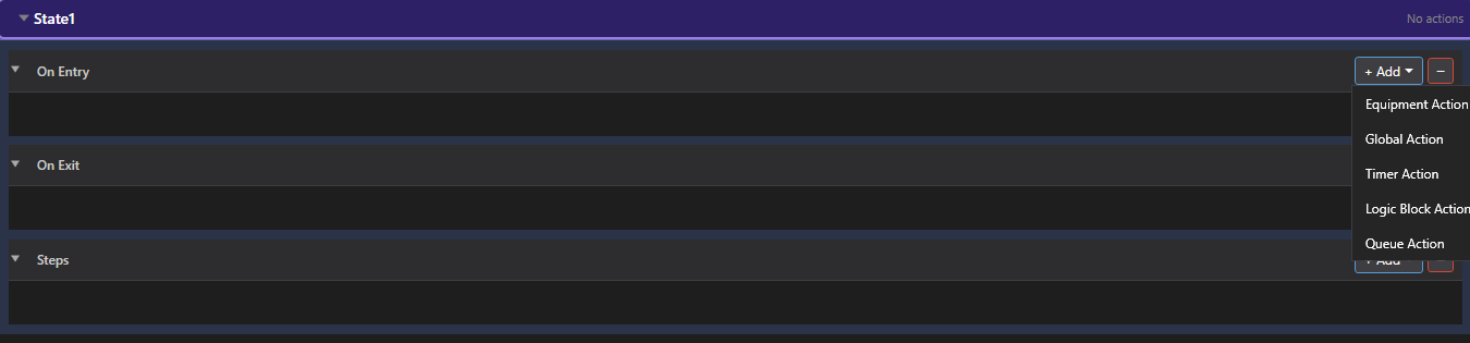 The + Add dropdown on a state's On Entry group, listing Equipment Action, Global Action, Timer Action, Logic Block Action and Queue Action