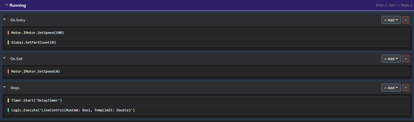 The Running state up close: On Entry runs Motor.IMotor.SetSpeed(100) and Global.SetPartCount(0), On Exit runs Motor.IMotor.SetSpeed(0), Steps run Timer.Start(DelayTimer) and Logic.Execute(LineControl)