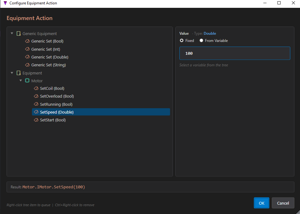 The Configure Equipment Action dialog: the tree shows Generic Equipment and Equipment (Motor with SetCoil, SetOverload, SetRunning, SetSpeed, SetStart); SetSpeed (Double) is selected, Value is Fixed 100, and the Result reads Motor.IMotor.SetSpeed(100)