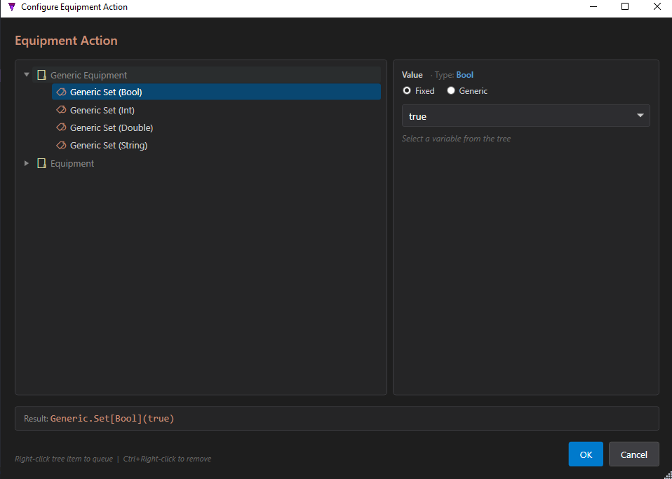 The Configure Equipment Action dialog with Generic Equipment expanded to Generic Set (Bool/Int/Double/String); Generic Set (Bool) is selected, value true, Result reads Generic.Set[Bool](true)