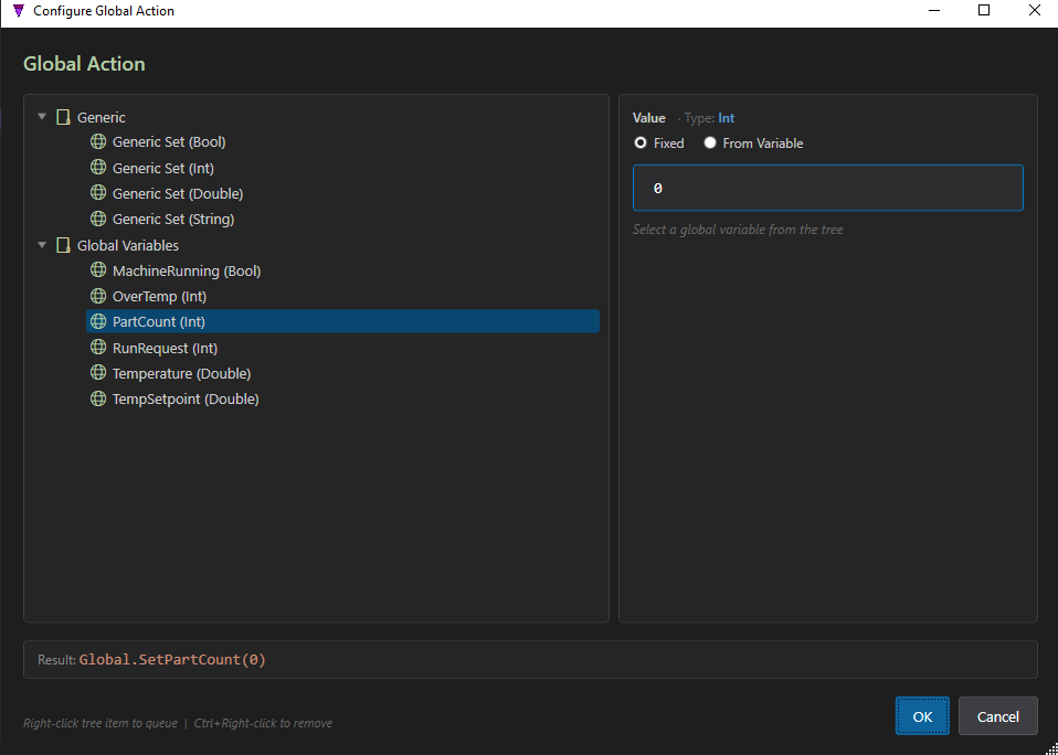 The Configure Global Action dialog: the tree lists Generic setters and Global Variables (MachineRunning, OverTemp, PartCount, RunRequest, Temperature, TempSetpoint); PartCount (Int) is selected, Value Fixed 0, Result reads Global.SetPartCount(0)