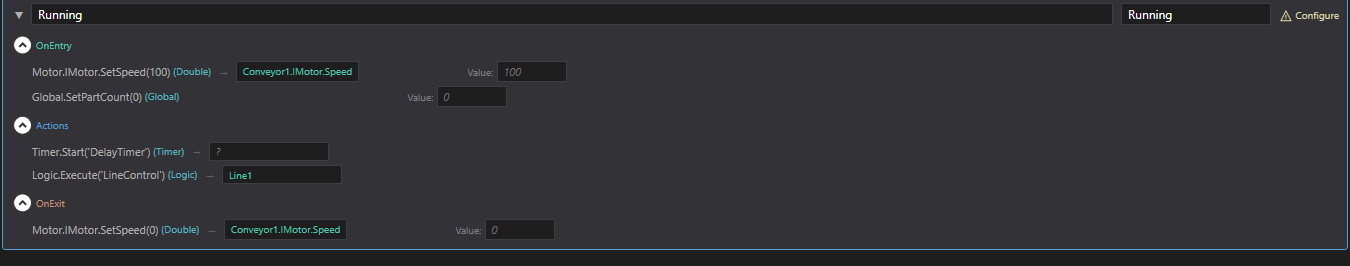 The expanded Running state instance: OnEntry SetSpeed maps to Conveyor1.IMotor.Speed with Value 100, SetPartCount is Global with Value 0, Steps Timer.Start shows a ? for the timer and Logic.Execute maps to Line1, OnExit SetSpeed maps to Conveyor1.IMotor.Speed