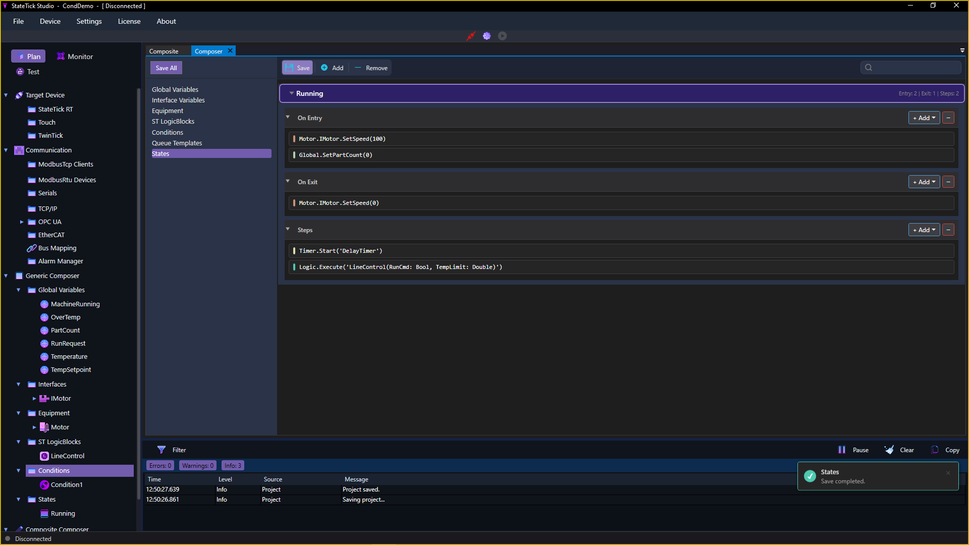 The full StateTick Studio window: Generic Composer open, the States page selected, and a state named Running with On Entry, On Exit and Steps groups filled with actions
