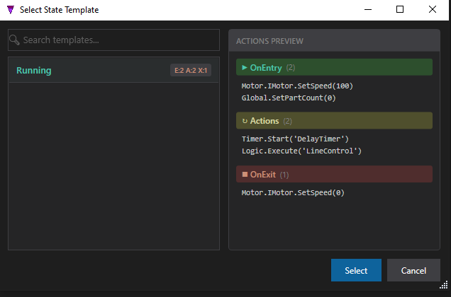 The Select State Template dialog previewing the Running template's OnEntry, Actions and OnExit