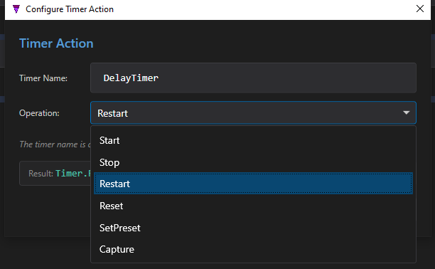 The Configure Timer Action dialog: Timer Name is DelayTimer, and the Operation dropdown is open showing Start, Stop, Restart, Reset, SetPreset and Capture