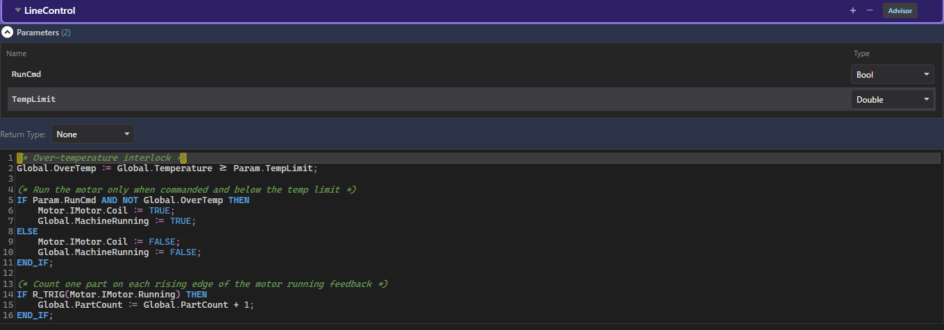 The LineControl ST Logic Block editor with two parameters and a syntax-highlighted Structured Text body