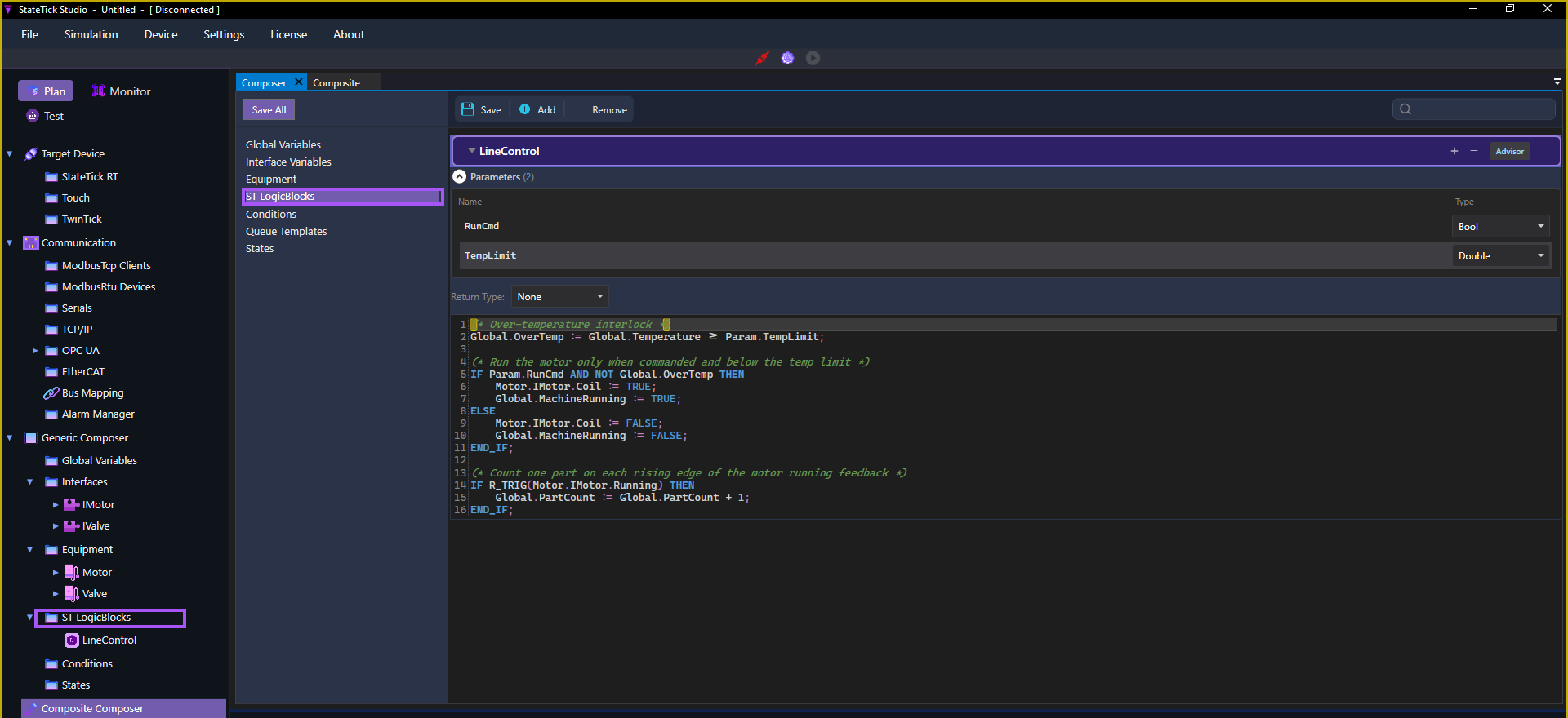 The full StateTick Studio window with Generic Composer expanded and the ST LogicBlocks page open, both highlighted