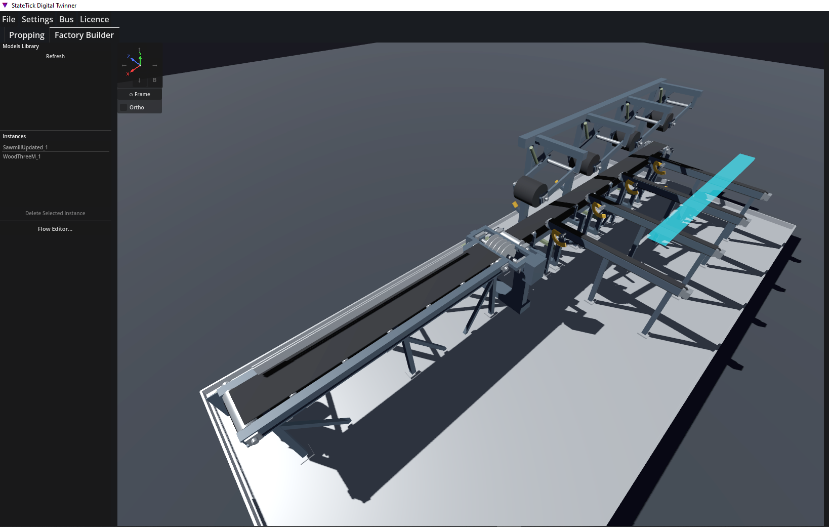 A sawmill line digital twin built in TwinTick, showing conveyors, saw units and a board being processed